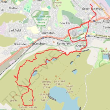 Dunrod Hill and Hillside Hill loop from Greenock West - Clyde Muirshiel Regional Park trail, distance, elevation, map, profile, GPS track