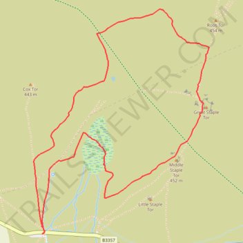Loop walk to Great Staple Tor, Dartmoor National Park trail, distance, elevation, map, profile, GPS track