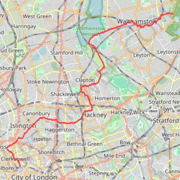 Northern Section of Green Link Walk from Epping Forest to Smithfield Market trail, distance, elevation, map, profile, GPS track