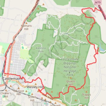 Specimen Gully, Pineys, Golden Point Res, Garfield Water Wheel, Chewton, Castlemaine, Botanic gardens walk trail, distance, elevation, map, profile, GPS track