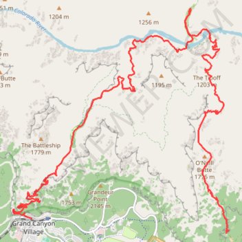 Phantom Ranch via South Kaibab Trail, Skeleton Point, Bright Angel Trail and Indian Garden trail, distance, elevation, map, profile, GPS track